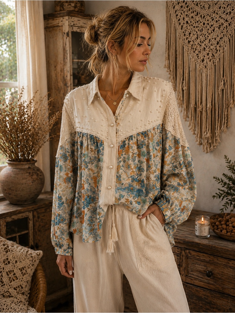 223🌟 Boho Floral Button-Up Blouse – Small Oversized – NWOT
